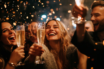 AI generated photo of beautiful young people celebrating New Year's Eve with champagne and confetti. Festive sparkle New year's party