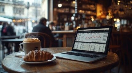 Businessman analyzing stock market data on laptop in cafe with coffee and croissant