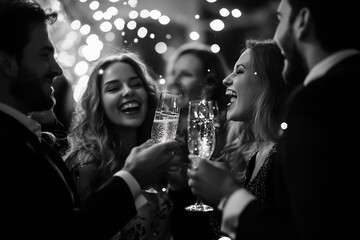 AI generated photo of beautiful young people celebrating New Year's Eve with champagne and confetti. Festive sparkle New year's party