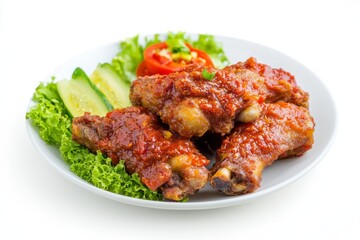 Fototapeta premium Chicken with Garlic Sambal, In this variation, the fried chicken is served with sambal bawang, a chili paste made with garlic, providing a pungent and spicy kick. isolated on white background