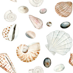 Seamless pattern of sea shells and pebbles watercolor illustration on white background. Hand drawn ocean clams for nautical and seaside designs in monochromatic pastel colors