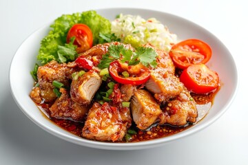 Fototapeta premium Chicken with Garlic Sambal, In this variation, the fried chicken is served with sambal bawang, a chili paste made with garlic, providing a pungent and spicy kick. isolated on white background