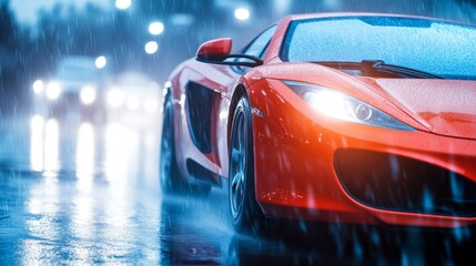 Bright sports car driving on a wet road