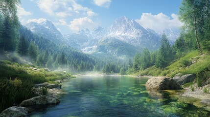 Obraz premium Picture a serene morning swim in a mountain stream, the water clear and invigorating.