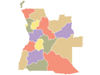Obraz premium Map of Angola by region in different colors.