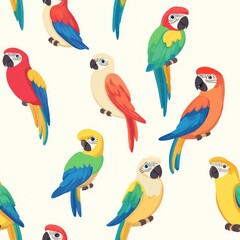 Naklejka premium A colorful pattern of various cartoon parrots on a light background.