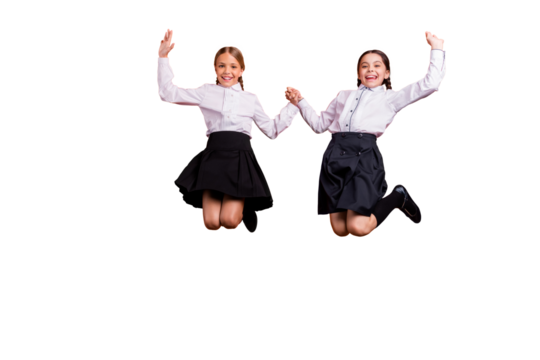 Full length body size view of two person nice attractive charming cheerful pre-teen girls having fun holding hands great new year 1 September isolated over bright vivid shine orange background