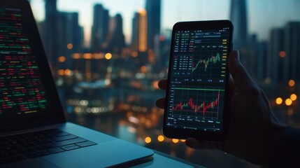 Businessman analyzing stock market data on smartphone with cityscape view
