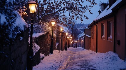Snow-covered cobblestone street with vintage lamps in winter evening.