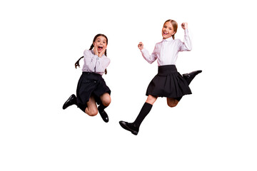 Full length body size view of two person nice attractive charming cheerful cheery pre-teen girls...