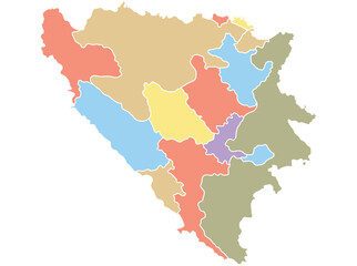 Obraz premium Map of Bosnia and Herzegovina by region in different colors.