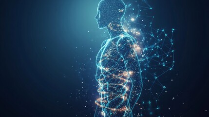human abstract figure standing made entirely of dna strands and amino acids glitch effect, blue and white color