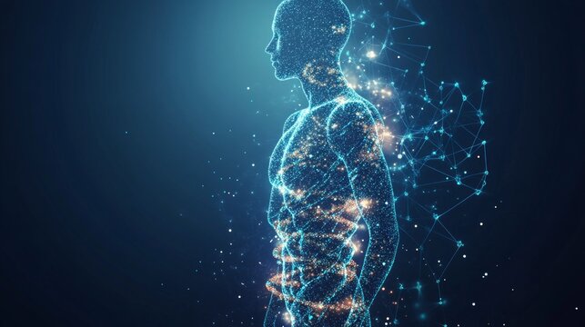 human abstract figure standing made entirely of dna strands and amino acids glitch effect, blue and white color