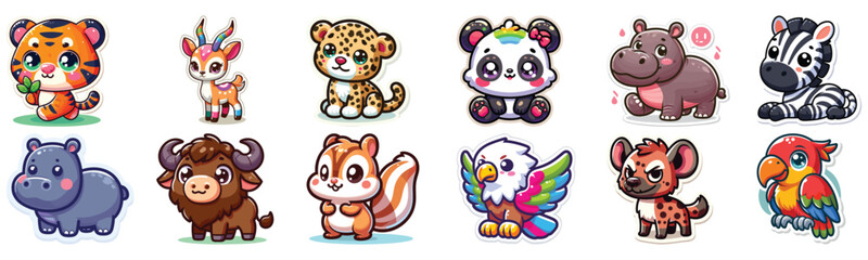 Set of Cute cartoon animals with big eyes colorful background perfect for children's stickers or art © Janis