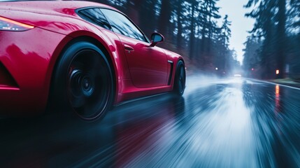 Bright sports car driving on a wet road