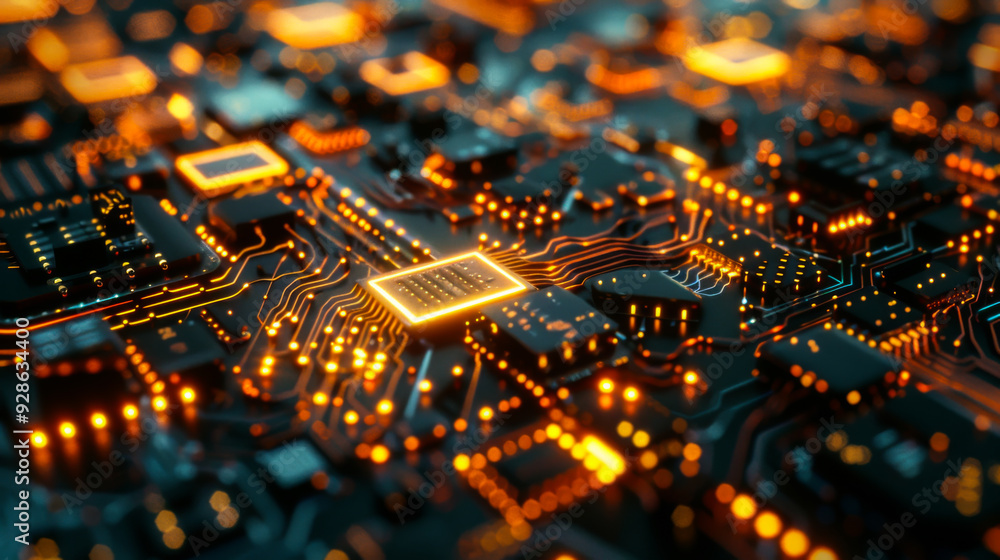 Aufkleber futuristic computer circuit design with golden backlight on a dark background. technology concept.