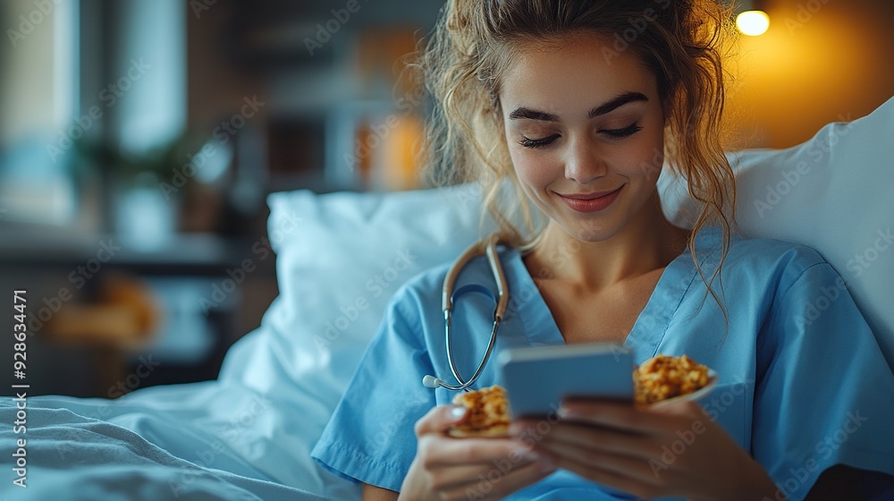 Wall mural in the morning, a female nurse or doctor is preparing for work while scrolling on her smartphone and