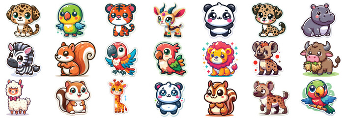 Set of Cute Cartoon Animal Character Stickers Colorful Lineup Collection, Perfect for Kids' Decor and Crafts
