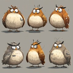 Fototapeta premium A collection of cartoon-style owls with various expressions and colors.