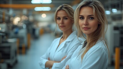 Fototapeta premium female leader CEO in heavy industry manufacturing overseeing a modern industrial factory with robotics and automation female warehouse manager