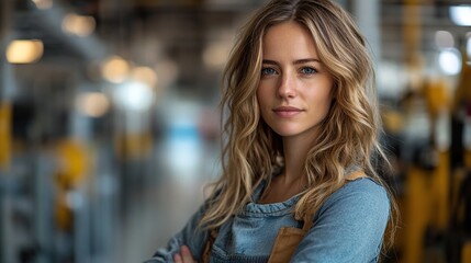 Fototapeta premium female leader CEO in heavy industry manufacturing overseeing a modern industrial factory with robotics and automation female warehouse manager