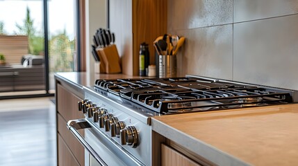 A modern kitchen with a stove oven and stove