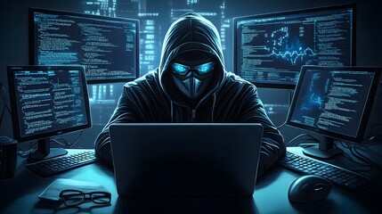 masked hacker working on laptop with multiple screens showing encrypted data and hacking software,