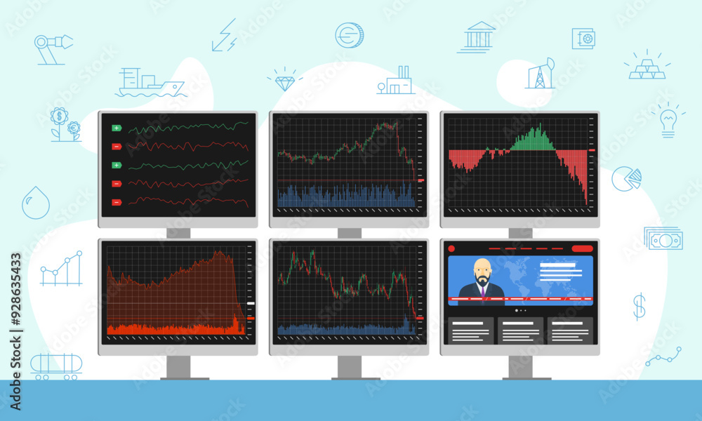 Poster stock market trader multiple computer monitors with moving down financial charts and news. business 