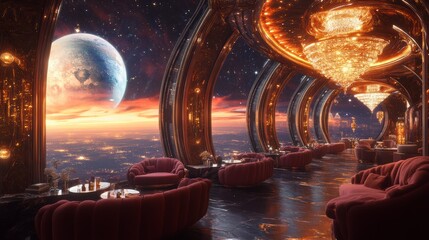 Lavishly designed retrofuturistic lounge offering breathtaking view of earth from orbit