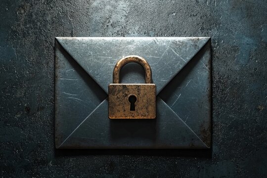 A high-contrast image of an envelope icon with a metallic lock, symbolizing the encryption of sensitive email content. 