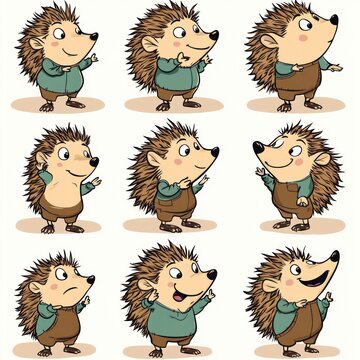 A collection of cute cartoon hedgehogs displaying various expressions and poses.