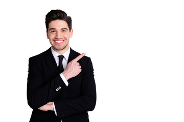Close up photo amazing he him his macho attractive handsome hand arm index finger direct indicate empty space news wear white shirt black suit jacket tie formal-wear isolated bright grey background