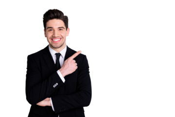 Close up photo amazing he him his macho attractive handsome hand arm index finger direct indicate empty space news wear white shirt black suit jacket tie formal-wear isolated bright grey background