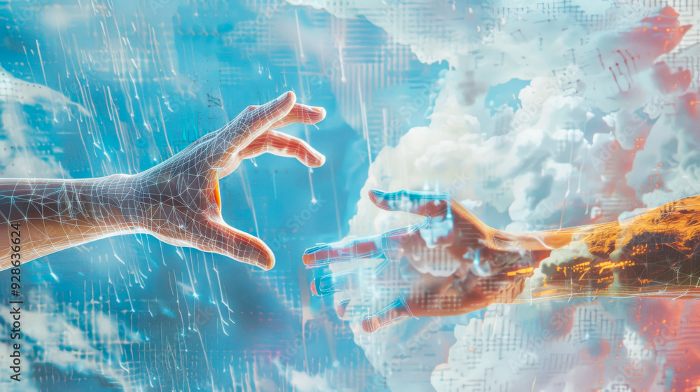 Poster one hand reaches out to the other hand, both hands touch. the image is a representation of the conce
