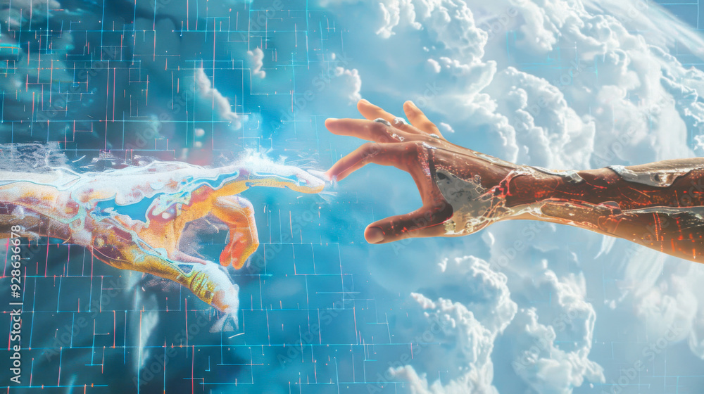 Poster one hand reaches out to the other hand, both hands touch. the image is a representation of the conce