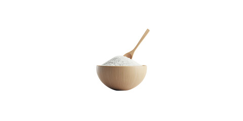 A wooden bowl filled with white rice, accompanied by a wooden spoon, evokes a sense of simplicity and nourishment.