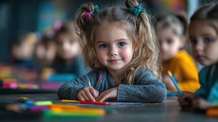 A group of young children engaged in a project during their school art and craft class.
