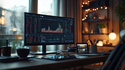 Modern home office setup displaying stock market data on a large monitor