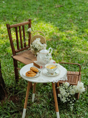 Chamomile flowers, books, glass teapot and cup with herbal tea on table in garden, natural background. summer season. relax time. useful calming tea. tea party outdoor