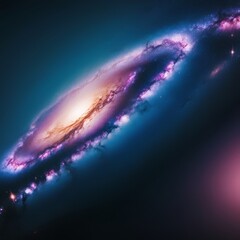 Milky Way galaxy as a background, rendered in surreal and hyperrealistic detail with an emphasis on vibrant, electric blue and purple hues against a blue-black sky