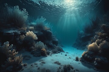Obraz premium Underwater Scene with Sunlight and Coral Reefs