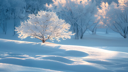 a snow covered tree in a snowy field