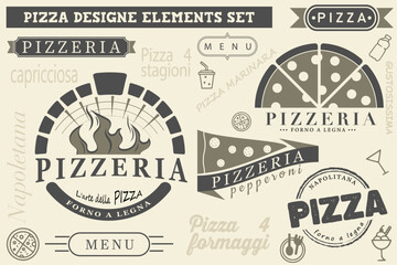 Set of pizza hand written lettering logo, label, badge. Emblem for fast food restaurant, pizzeria, cafe. Vector illustration