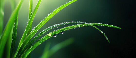 Close-up shot of fresh green grass blades covered with dew drops, illuminated by soft light creating a serene and natural atmosphere.