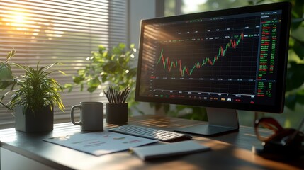 Modern office setting featuring a computer displaying stock market data