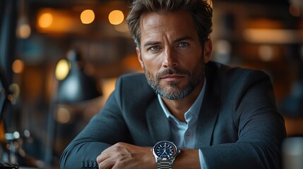 A handsome businessman is sitting at his office desk in a modern office, checking his watch.