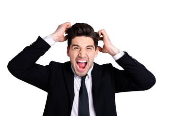 Portrait of frustrated chairman stylish millennial questions difficult exhausted rage scream shout yell touch hair irritated disappointed evil boss concept isolated on grey background in formal wear