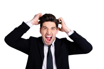 Portrait of frustrated chairman stylish millennial questions difficult exhausted rage scream shout yell touch hair irritated disappointed evil boss concept isolated on grey background in formal wear