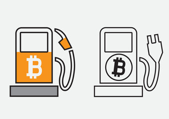 Bitcoin charge with electricity gasoline station sign symbol icon isolated on white background. Creative crypto design idea