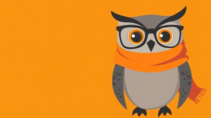 Fototapeta premium An owl wearing glasses and an orange scarf, set against a matching orange background. 